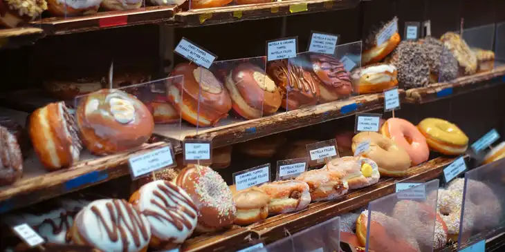 L'étale d'une boutique de donuts avec des donuts de différentes saveurs.