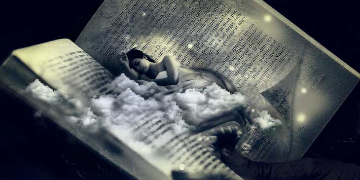 Een fantasievol beeld van een vrouw die op de pagina's van een opengeslagen boek ligt te slapen.