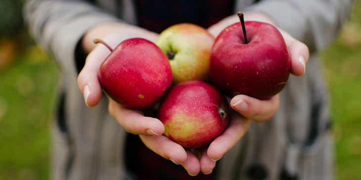 Una persona con manzanas rojas en un logo saludable.