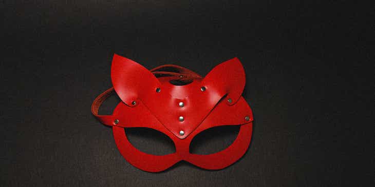 Eine rote Maske und eine Lederpeitsche auf einem schwarzen Hintergrund in einem Erotikshop.