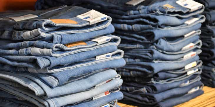 Tumpukan jeans pada rak apparel sebuah toko pakaian.