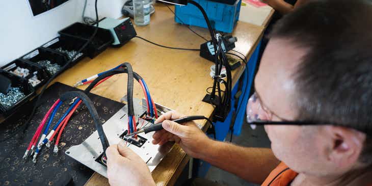 Un hombre reparando un aparato en un logo para reparación de electrodomésticos.