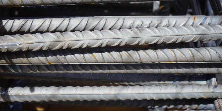 A pile of iron bars used as building materials.