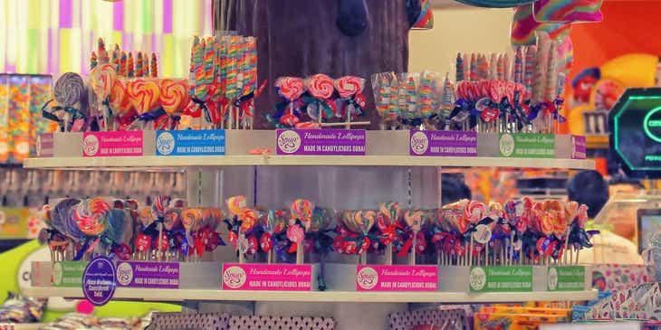Lollipops hanging in a candy store.