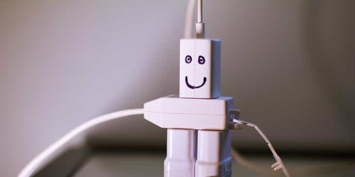 A clever design of a robot made of phone chargers.