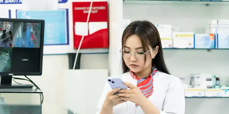 Una dependiente de farmacia revisando su teléfono dentro de una farmacia.