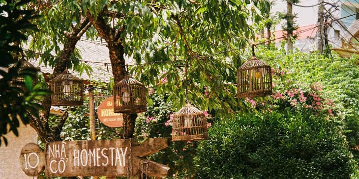 A sign among trees and bird cages advertising the entrance to a homestay.
