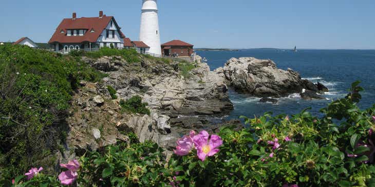 View of the Portland Head Light historic lighthouse in Cape Elizabeth, Maine