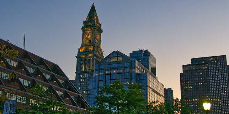 The Elizabeth Tower towering over Huntington Avenue, Boston, Massachusetts.