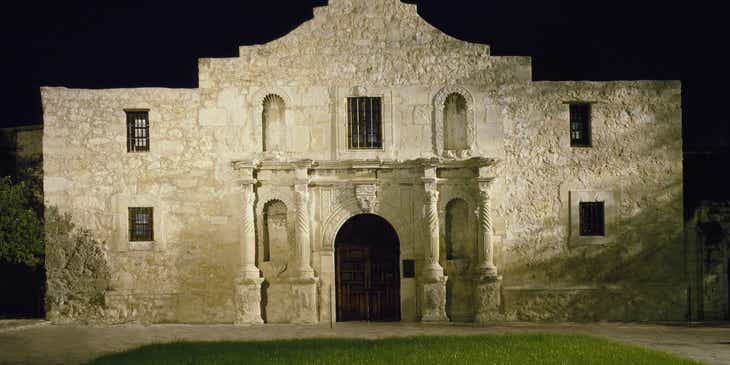 Night view of the Alamo monument.