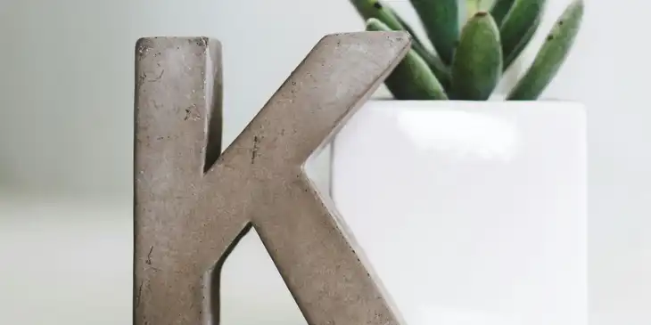 Une lettre K posée sur une table à côté d'une plante en pot.