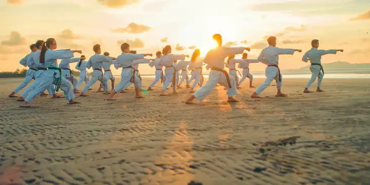 Un grupo de jóvenes haciendo karate en la playa al atardecer.
