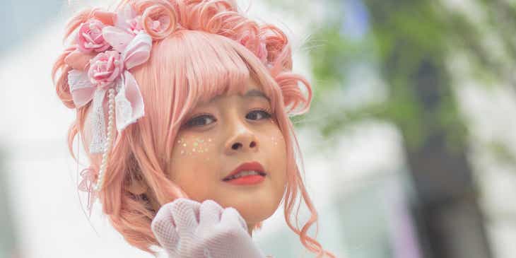 A woman dressed in the Lolita fashion that is part of the kawaii culture in Japan.
