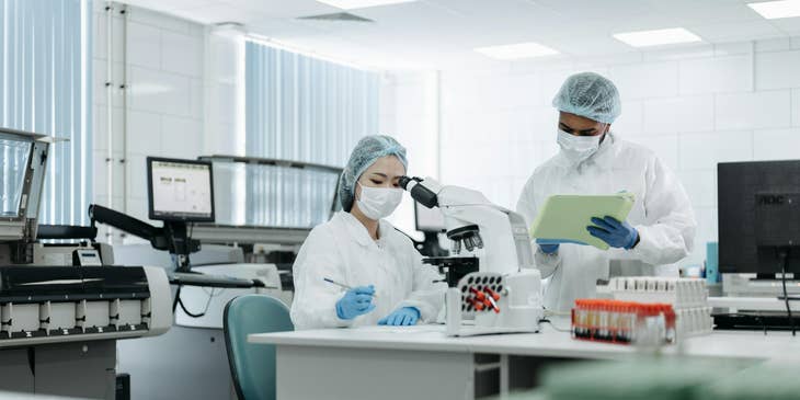 Two scientists working in a laboratory and taking notes on their project.