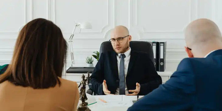 A legal professional counselling a couple at a law firm.