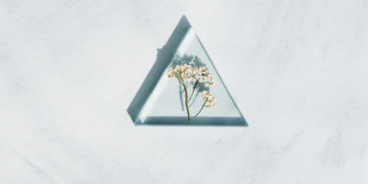 Bunga putih yang diawetkan dalam segitiga epoksi.