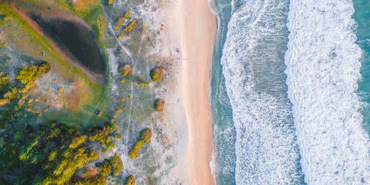 Een afbeelding van een tropisch strand met branding van bovenaf gemaakt als resultaat van luchtfotografie.