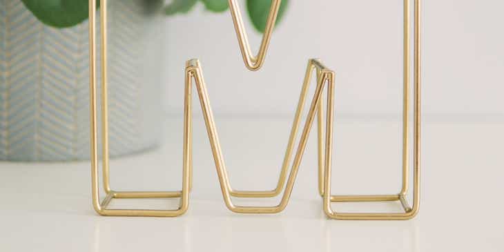 A gold wire letter M in front of a potted plant.