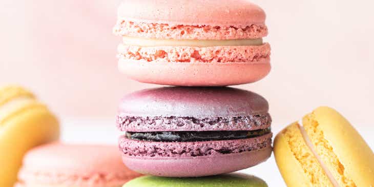 Colorful macarons stacked on top of each other.