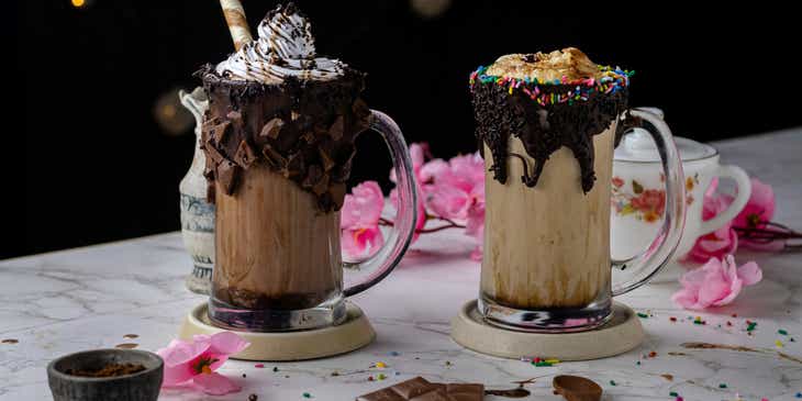 Two elaborate chocolate milkshakes sitting on a messy table.