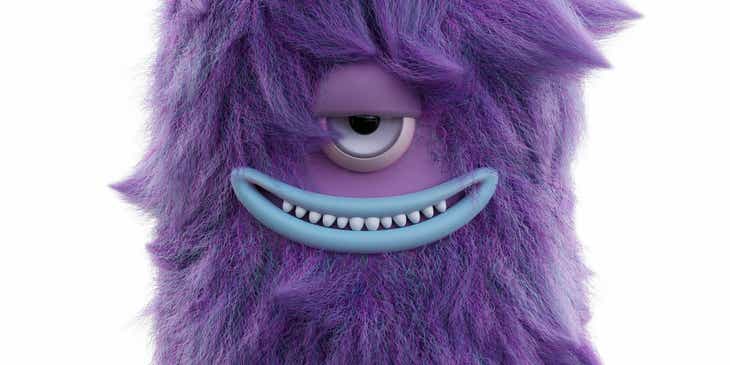 A purple, one-eyed monster smirking at the camera.