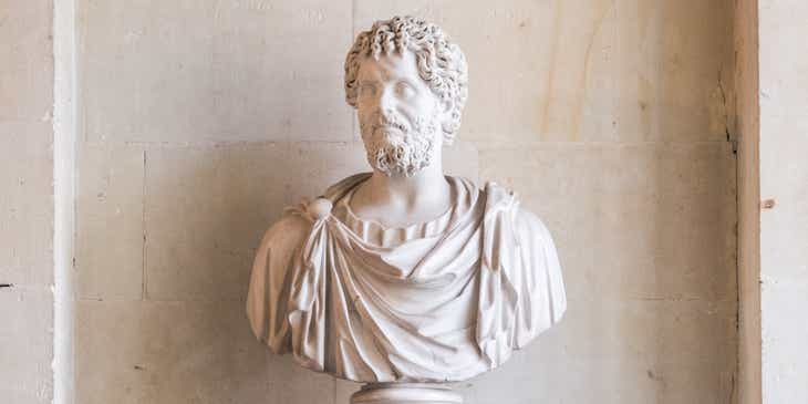 A Roman statue displayed in a museum.