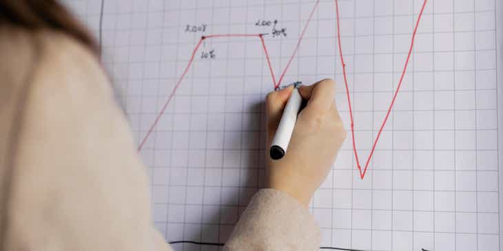 Uma mulher desenhando um gráfico de vendas em uma empresa.