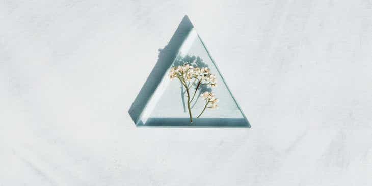 Des fleurs blanches conservées dans un triangle en résine époxy.