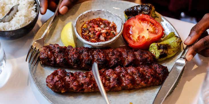 A portion of kebab served in a Turkish restaurant.