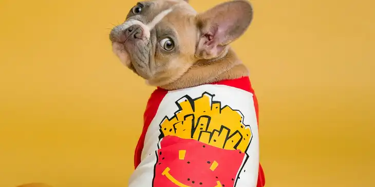 A dog wearing a shirt with a red and yellow logo on it.